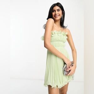 ASOS DESIGN pleat bandeau mini dress with floppy hem in sage